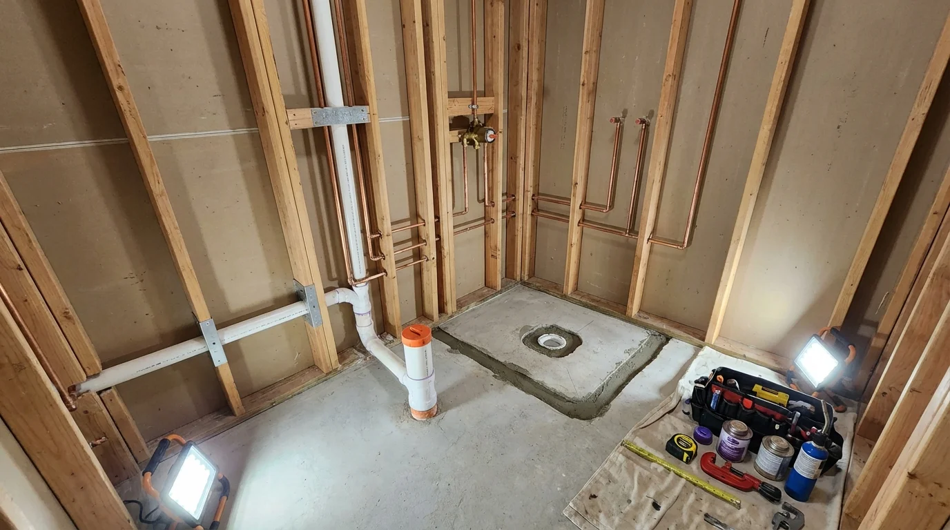 Bathroom rough-in plumbing during remodel by Johns Plumbing LLC in Des Arc