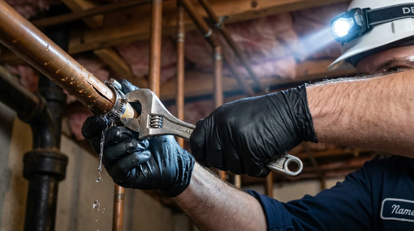 Emergency pipe clamp repair being performed by a Johns Plumbing LLC plumber in Des Arc