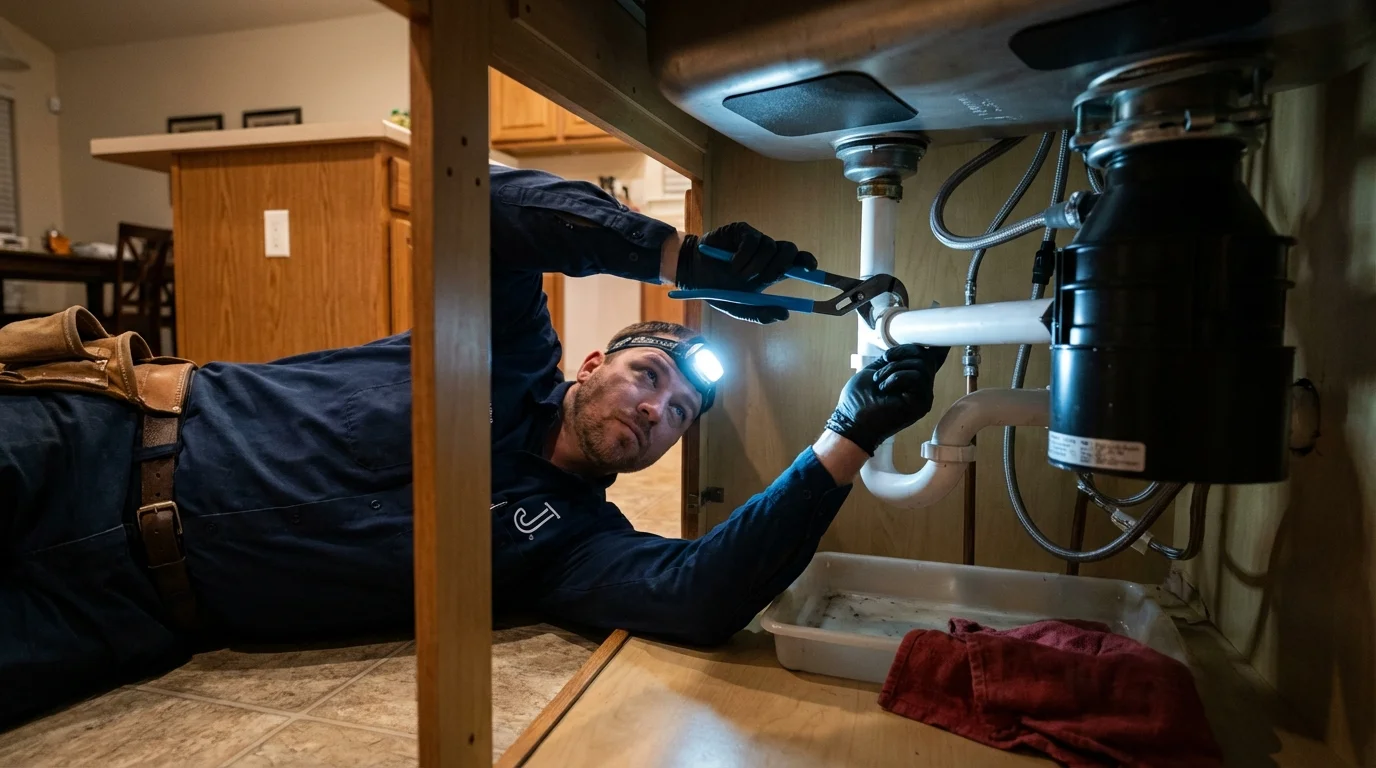 P-trap and supply line connections under a kitchen sink showing a common leak point in Des Arc, AR